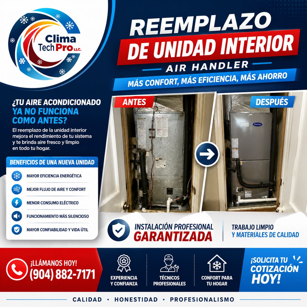 It's an advertising flyer from Clima Tech Pro LLC for indoor unit replacement (Air Handler). before — Clima Tech Pro